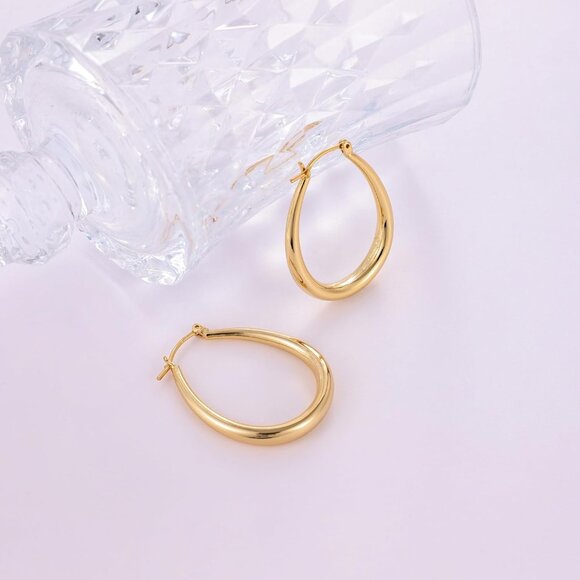 Gold Chunky Hoop Earrings for Women, 14K Gold Plated Oval Hoop Earrings with 925 - Picture 6 of 8